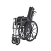 The Rhyhm Deluxe Reclining Desk Arm Wheelchair, featuring a black and gray folding design with large quick release rear wheels and smaller front casters, is displayed from a side angle on a white background.