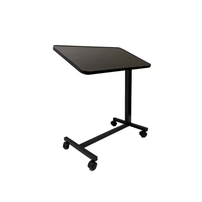 Introducing the Rhythm Overbed Table - Tilting Optional, featuring a dark rectangular tabletop with adjustable height and four caster wheels for effortless mobility. Its minimalist design and precise tabletop dimensions make it an ideal choice for small spaces or adaptable work environments.