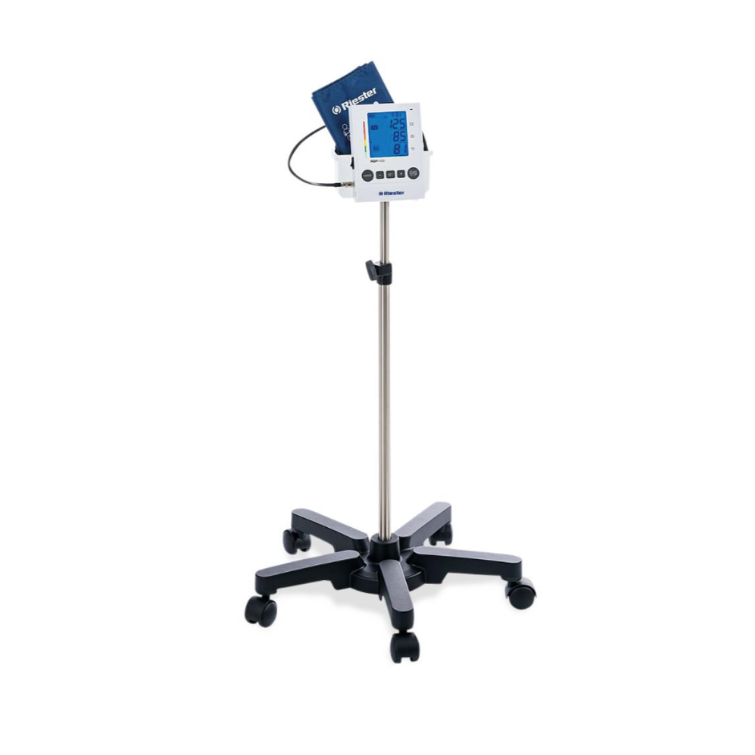 The Riester RBP-100 Clinical Digital Blood Pressure Monitor includes a display screen, control buttons, blood pressure cuff, and is mounted on a wheeled stand.