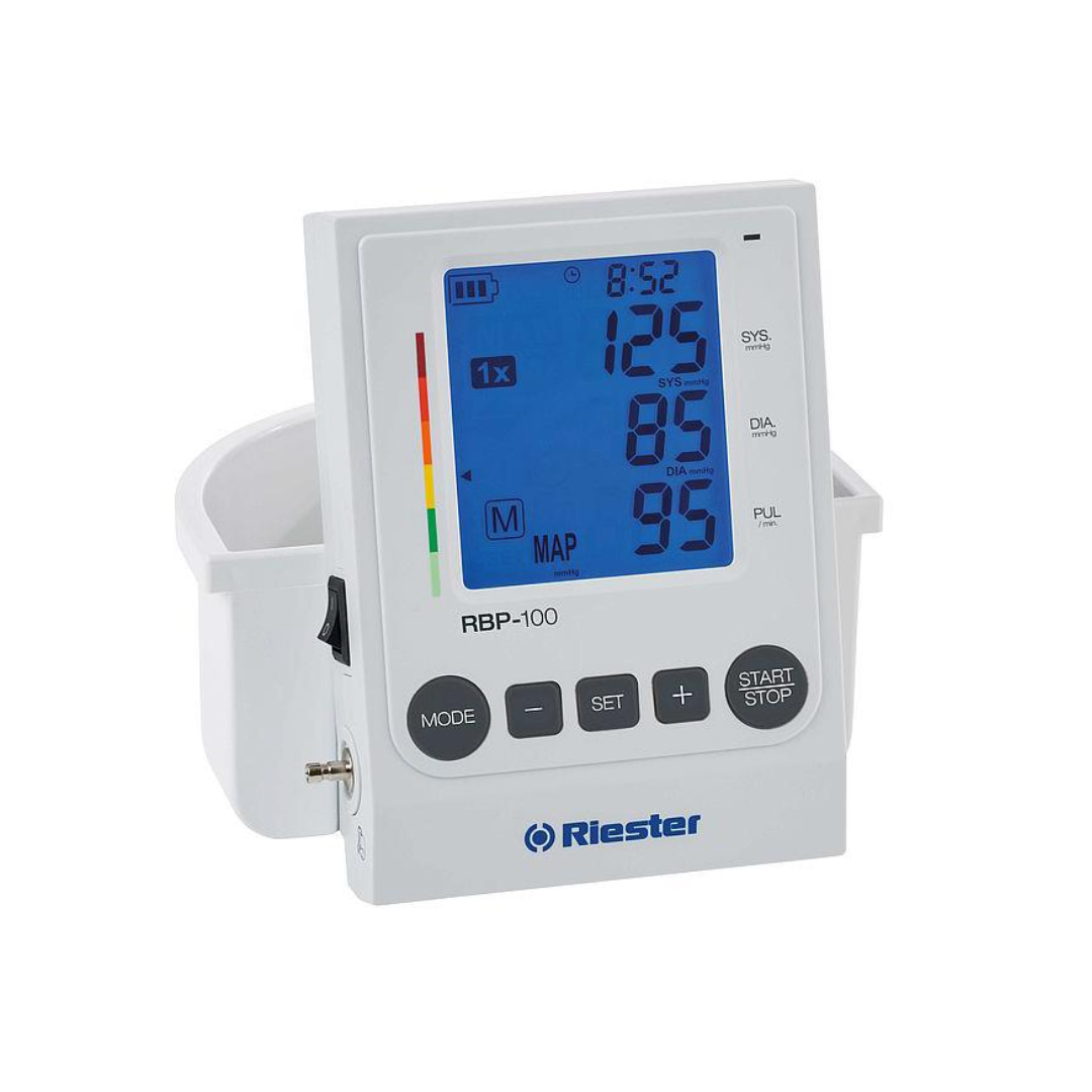 The Riester RBP-100 Clinical Digital Blood Pressure Monitor has a blue backlit display showing systolic, diastolic, and pulse readings, plus control buttons and side indicator bars for ease of use in clinical settings.