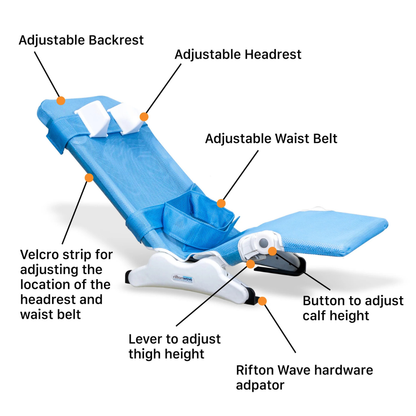 The Rifton Wave Pediatric Shower Chair features a blue design with adjustable backrest, headrest, waist belt, Velcro for positioning, lever for thigh height, calf-height button, and hardware adaptor at the base—an ideal shower chair for children.