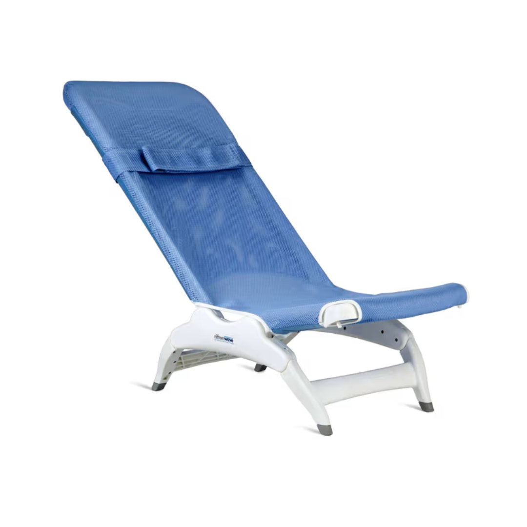 The Rifton Wave Pediatric Shower Chair is a blue mesh reclining chair with a white frame, headrest, and adjustable backrest for comfort and support, shown against a plain white background.