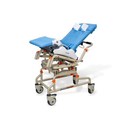 The Rifton Wave Pediatric Shower Chair features a blue padded seat and backrest, adjustable leg and arm supports, a white frame with orange accents, and four caster wheels for easy mobility.