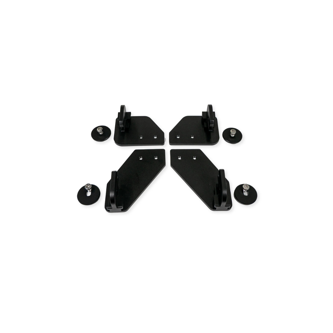 Four black metal mounting brackets and four round, wide-head screws with angled edges and mounting holes—perfect for securely attaching the Rifton Wave Pediatric Shower Chair. All components are shown arranged symmetrically on a white background.