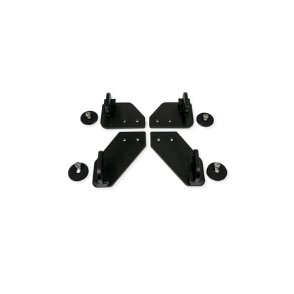 Four black metal mounting brackets and four round, wide-head screws with angled edges and mounting holes—perfect for securely attaching the Rifton Wave Pediatric Shower Chair. All components are shown arranged symmetrically on a white background.