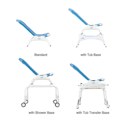 Four Rifton Wave Pediatric Shower Chairs with blue seats are shown from the side: “Standard,” “with Tub Base,” “with Shower Base” (wheels), and “with Tub Transfer Base.”.