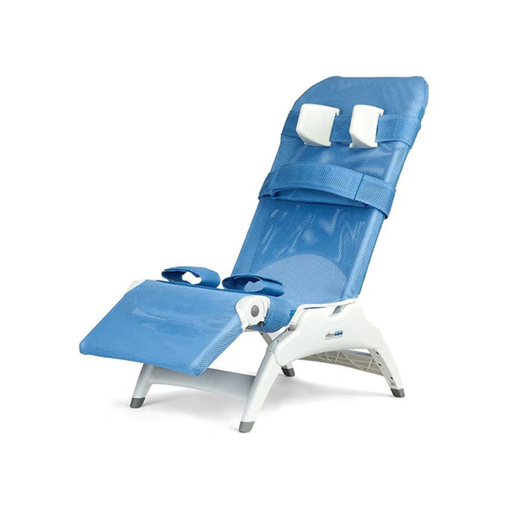 The Rifton Wave Pediatric Shower Chair features a blue and white design, mesh seat, padded headrest, and side arm supports. Adjustable for bathing or medical use.