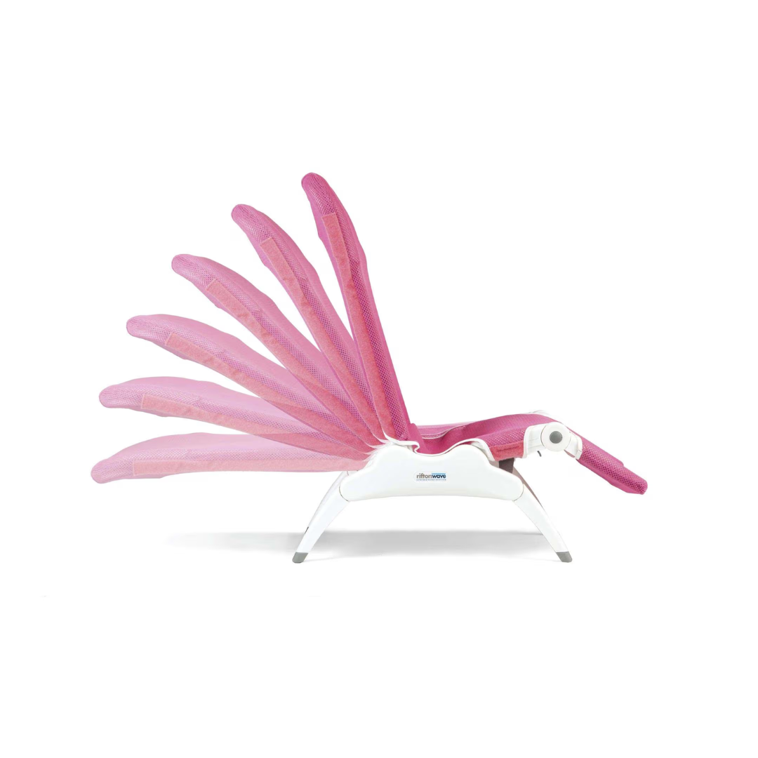 The Rifton Wave Pediatric Shower Chair in white with pink mesh is displayed in five backrest positions, highlighting its adjustable feature.