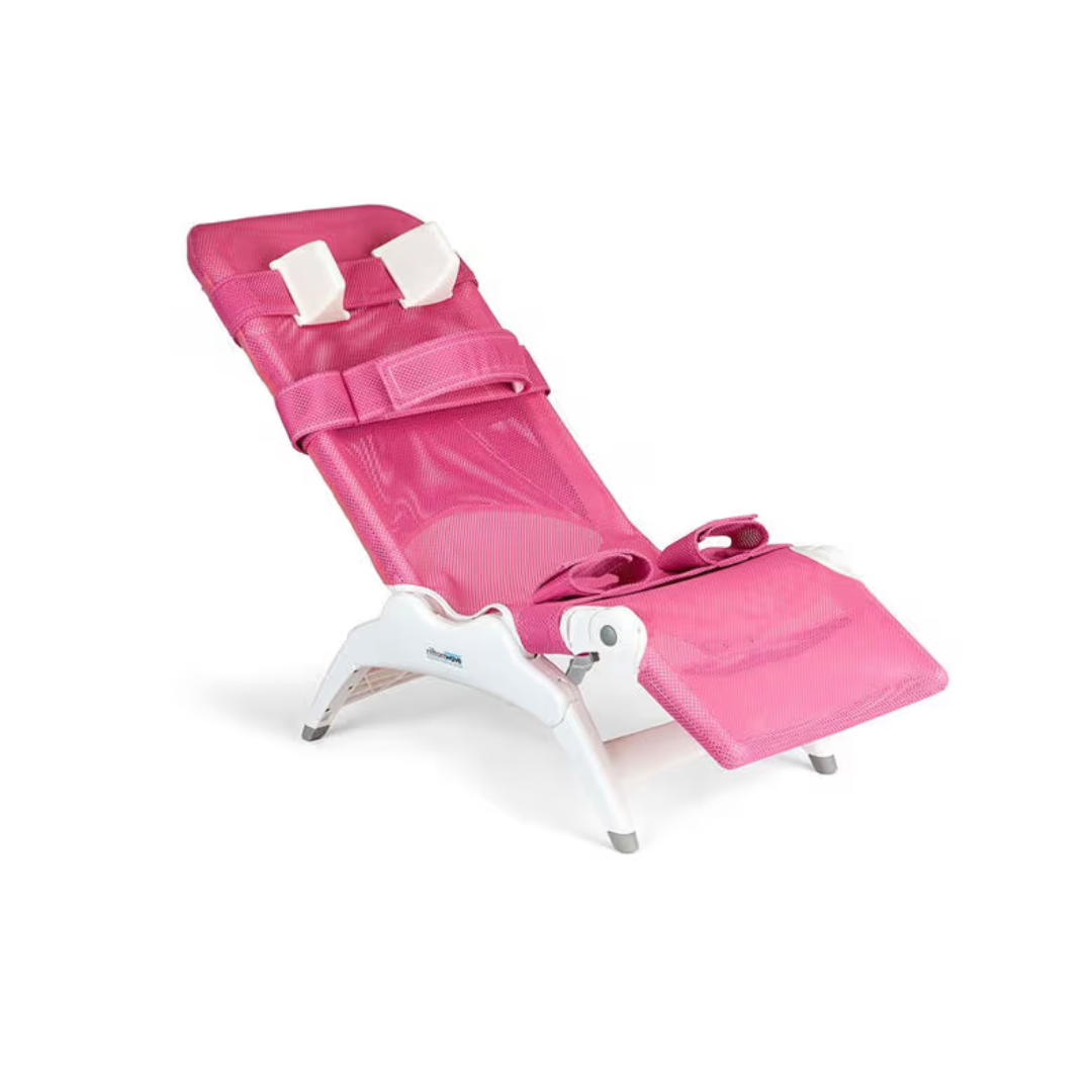 The Rifton Wave Pediatric Shower Chair is a reclining baby bath seat with adjustable white plastic frame, head and foot supports, safety straps, and pink mesh fabric—specially designed for safe and comfortable infant bathing.