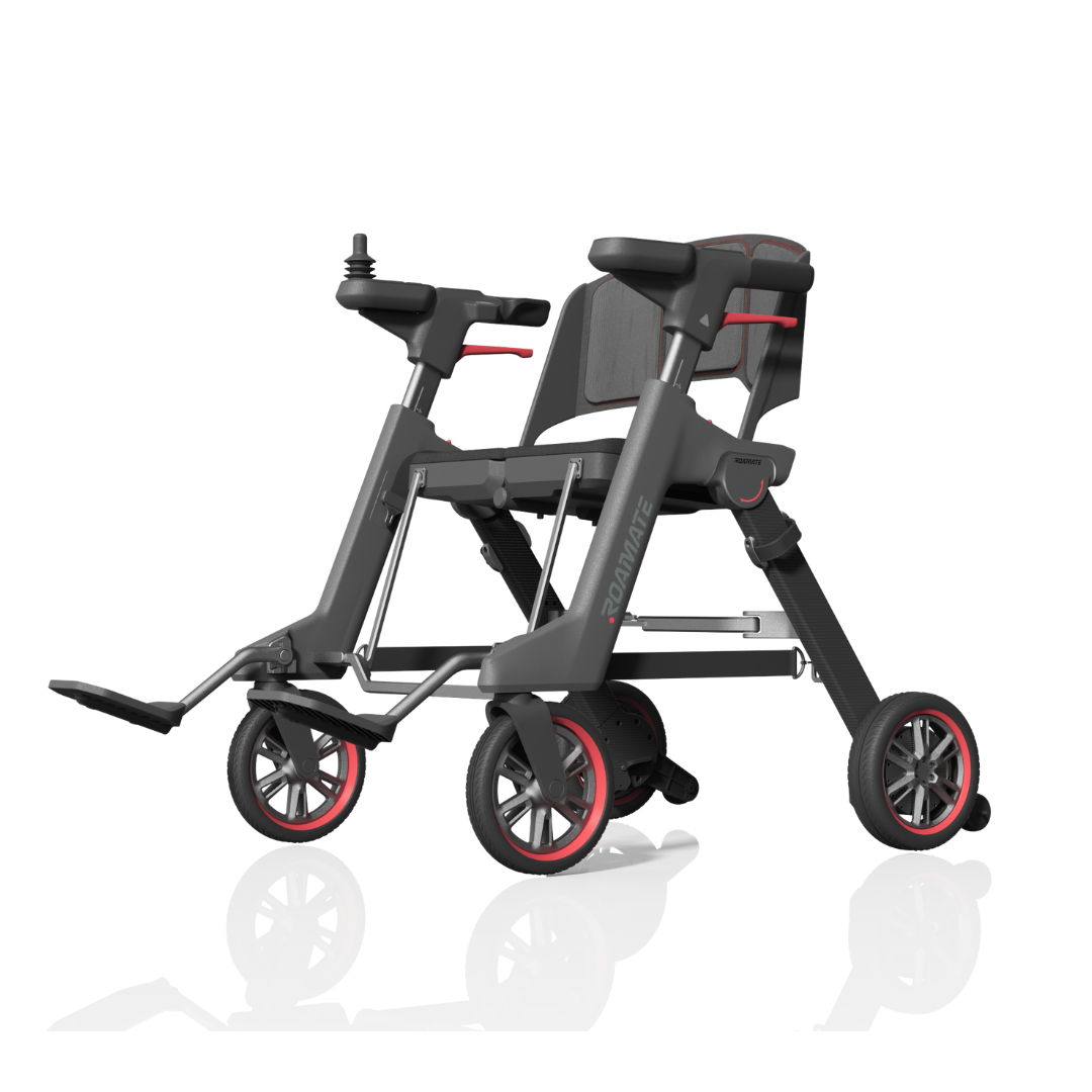 The Roamate 3-in-1 Electric Rollator Wheelchair is a modern, foldable powered wheelchair with black and red accents, joystick control on the armrest, footrest, and four wheels, shown on a white background.