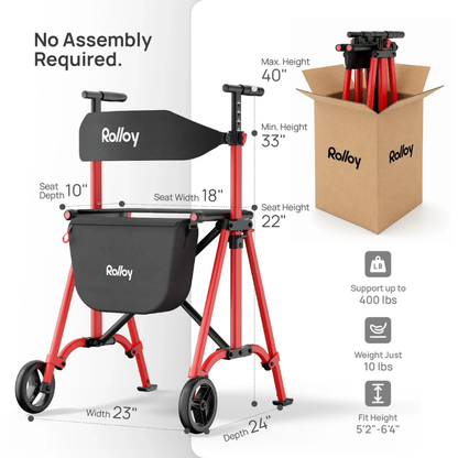 The Rolloy Compact Master Bariatric 2-Wheel Walker with Seat supports up to 400 lbs, fits users 5'2"-6'4", weighs 10 lbs, includes a storage bag, requires no assembly, and is shown folded in a box.