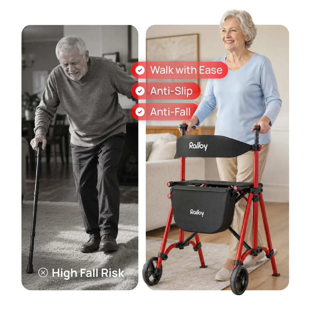 Split image: Left, an older man with a cane labeled “High Fall Risk.” Right, a smiling woman using the Rolloy Compact Master Bariatric 2-Wheel Walker with Seat—anti-slip design for safe, comfortable walking.