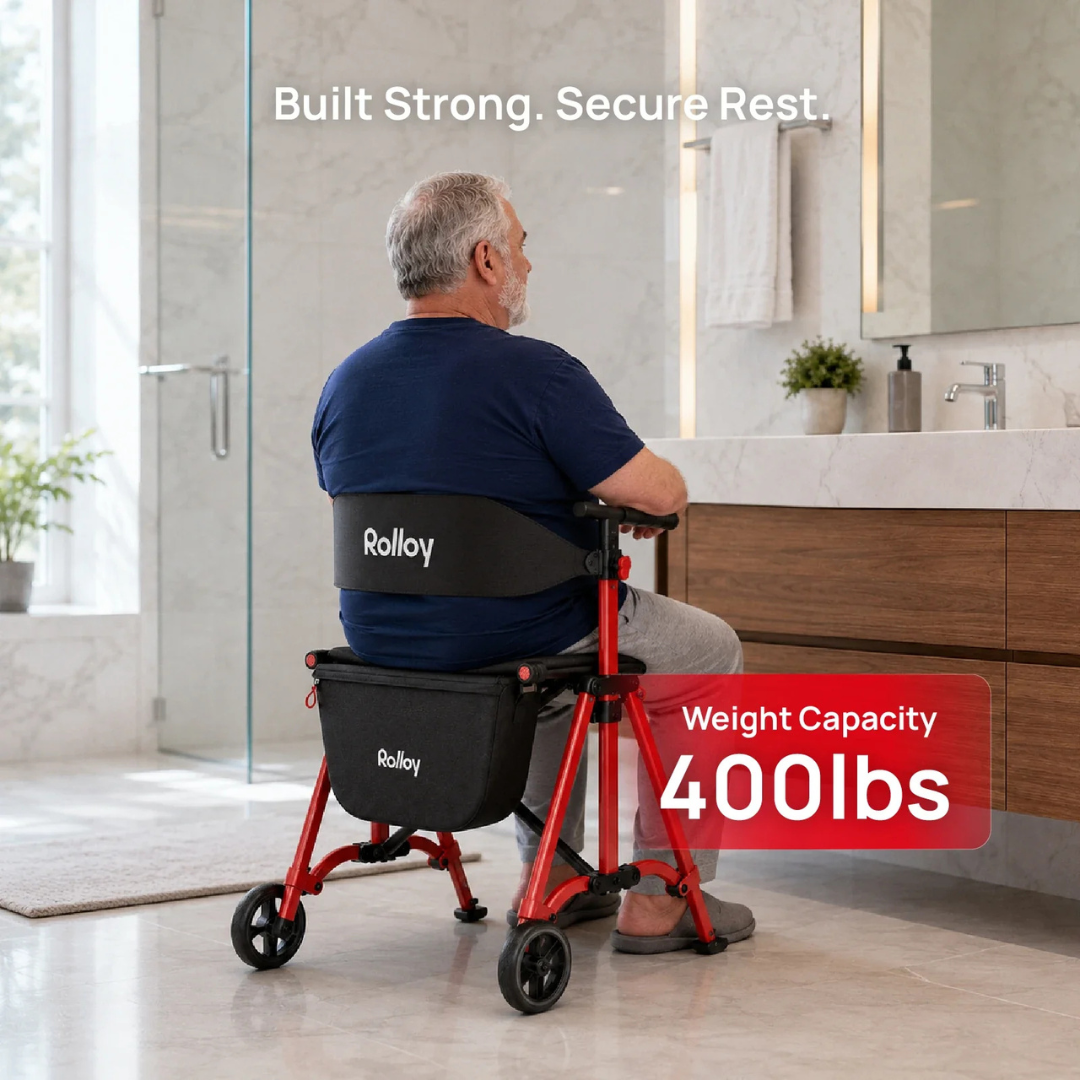 An older man sits on a red Rolloy Compact Master Bariatric 2-Wheel Walker with Seat in a modern bathroom. Text reads: Built Strong. Secure Rest. Weight Capacity 400 lbs. The chair faces a sink with toiletries and a plant.