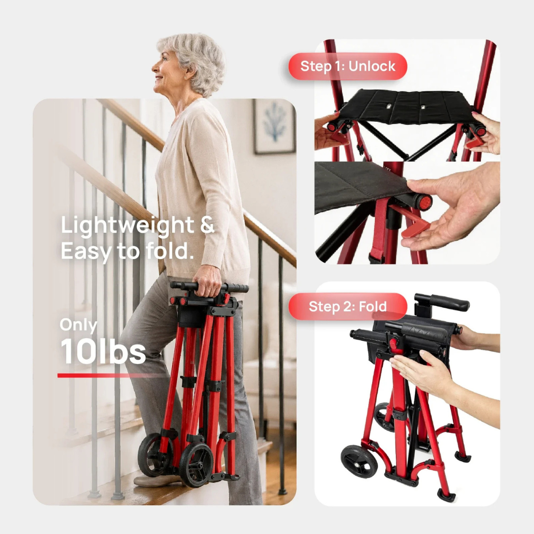 An older woman carries a folded Rolloy Compact Master Bariatric 2-Wheel Walker with Seat up stairs. Two small images show close-ups: unlocking and folding the walker. Text reads, “Lightweight & Easy to fold. Only 10 lbs. Step 1: Unlock. Step 2: Fold.”.