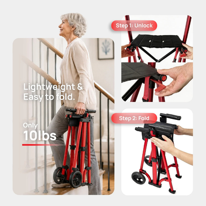 An older woman carries a folded Rolloy Compact Master Bariatric 2-Wheel Walker with Seat up stairs. Two small images show close-ups: unlocking and folding the walker. Text reads, “Lightweight & Easy to fold. Only 10 lbs. Step 1: Unlock. Step 2: Fold.”.