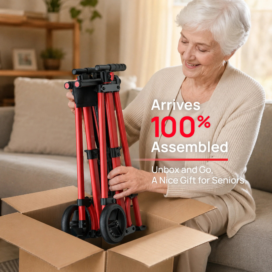 An older woman smiles as she unpacks the Rolloy Compact Master Bariatric 2-Wheel Walker with Seat from its box. The text reads: Arrives 100% Assembled. Unbox and Go. A Nice Gift for Seniors.