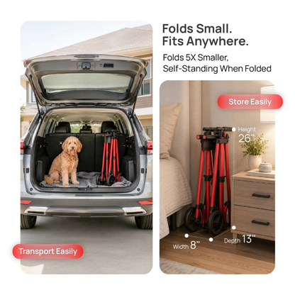 A red foldable stroller and the Rolloy Compact Master Bariatric 2-Wheel Walker with Seat stand upright in an SUV trunk next to a dog. Text notes their size (26"x8"x13") and advertises easy storage and transport.