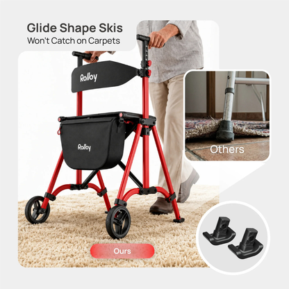 A person uses a red Rolloy Compact Master Bariatric 2-Wheel Walker with Seat, equipped with glide shape skis that won’t catch on carpets. Inset shows another brand's walker leg catching and a close-up of the smooth-gliding skis on our walker.