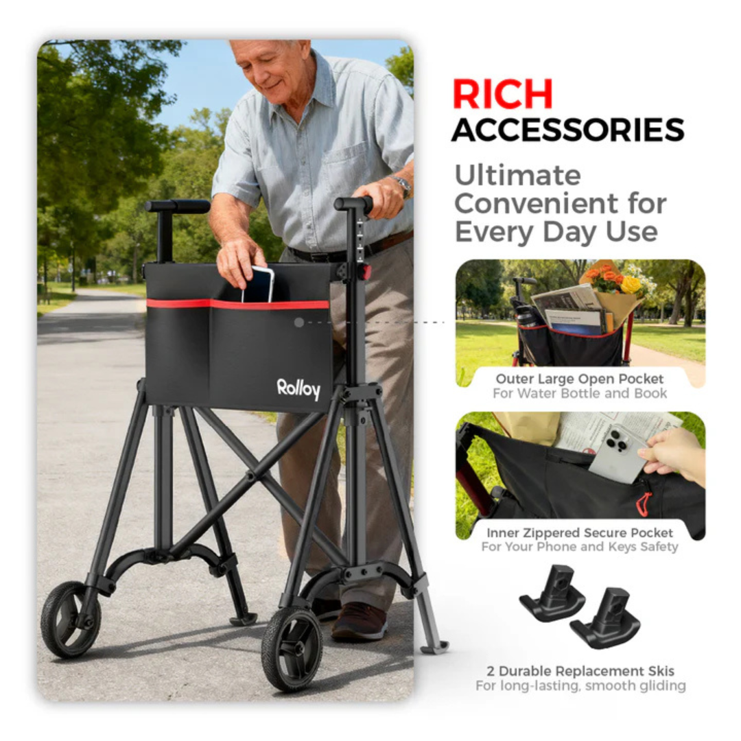 An older man uses the Rolloy Ultra-Compact Master Bariatric Walker with 2 Wheels outdoors. Inset images show its spacious open pocket for bottles and books, a zippered pocket for valuables, and two durable replacement walker skins.