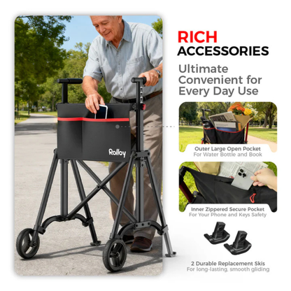 An older man uses the Rolloy Ultra-Compact Master Bariatric Walker with 2 Wheels outdoors. Inset images show its spacious open pocket for bottles and books, a zippered pocket for valuables, and two durable replacement walker skins.