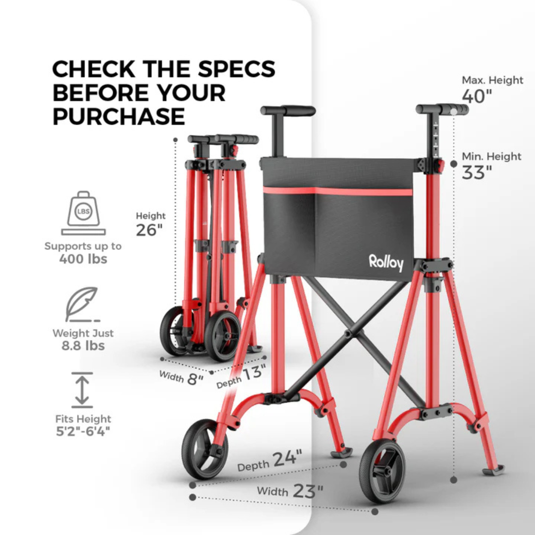 The Rolloy Ultra-Compact Master Bariatric Walker with 2 Wheels, shown folded and open: supports up to 400 lbs, weighs 8.8 lbs, height adjustable 33–40", depth 24", width 23", folds to 8x13x26", fits users from 5'2"–6'4".