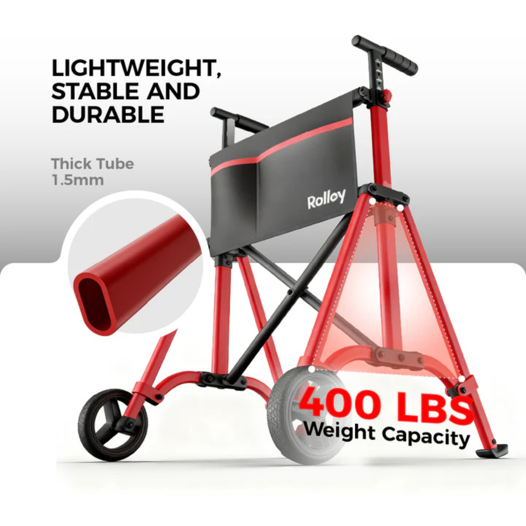 The Rolloy Ultra-Compact Master Bariatric Walker with 2 Wheels features a sturdy frame with thick 1.5mm tubing, supporting up to 400 lbs. Its red and black design is lightweight, stable, durable; close-up shows the robust tube cross-section for ultra-lightness.
