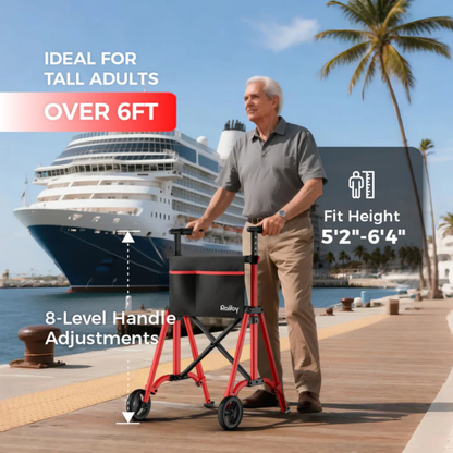 A tall man uses the Rolloy Ultra-Compact Master Bariatric Walker with 2 wheels and 8-level handle adjustments on a dock by a cruise ship, palm trees, and blue sky. Ideal for adults over 6 ft; fits heights from 5’2” to 6’4”.