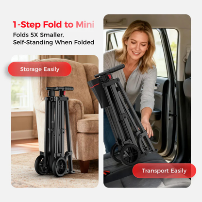 A woman places the Rolloy Ultra-Compact Master Bariatric Walker with 2 Wheels, folded upright, into a car. Text highlights: “1-Step Fold to Mini,” “Folds 5X Smaller,” plus storage and transport icons for easy portability.