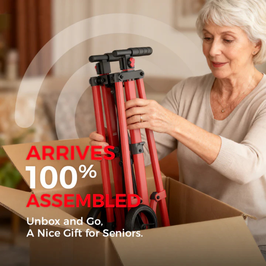 A smiling senior woman unboxes the Rolloy Ultra-Compact Master Bariatric Walker with 2 Wheels. Text reads: Arrives fully assembled—just unbox and go! The perfect gift for seniors seeking easy mobility.