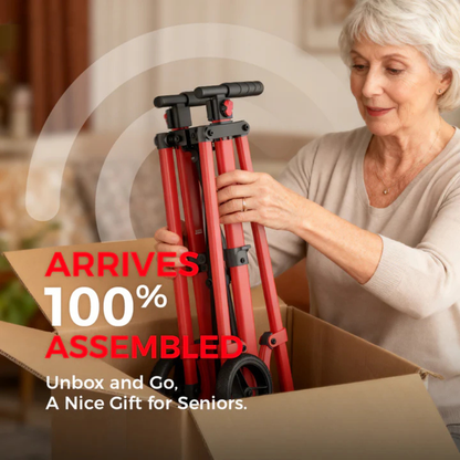 A smiling senior woman unboxes the Rolloy Ultra-Compact Master Bariatric Walker with 2 Wheels. Text reads: Arrives fully assembled—just unbox and go! The perfect gift for seniors seeking easy mobility.