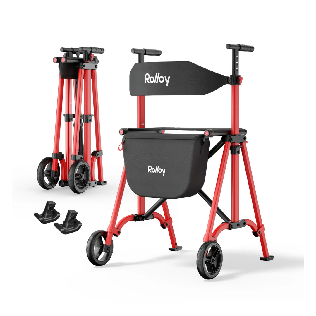 The Rolloy Compact Master Bariatric 2-Wheel Walker with Seat in red and black offers a comfy seat, storage bag, handlebars, and detachable footrests, shown assembled and collapsed.