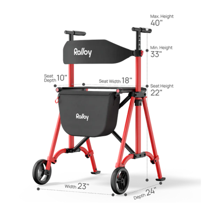 The Rolloy Compact Master Bariatric 2-Wheel Walker with Seat, in red and black, has a max height of 40", min height of 33", seat height of 22", seat depth of 10", seat width of 18", overall width of 23" and depth of 24".
