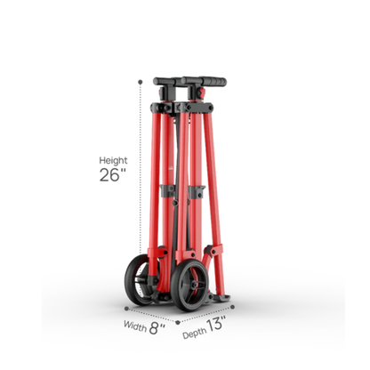 The Rolloy Compact Master Bariatric 2-Wheel Walker with Seat is shown upright in its folded form, measuring 26"H x 8"W x 13"D, with two wheels visible at the base. It features a red and black design.