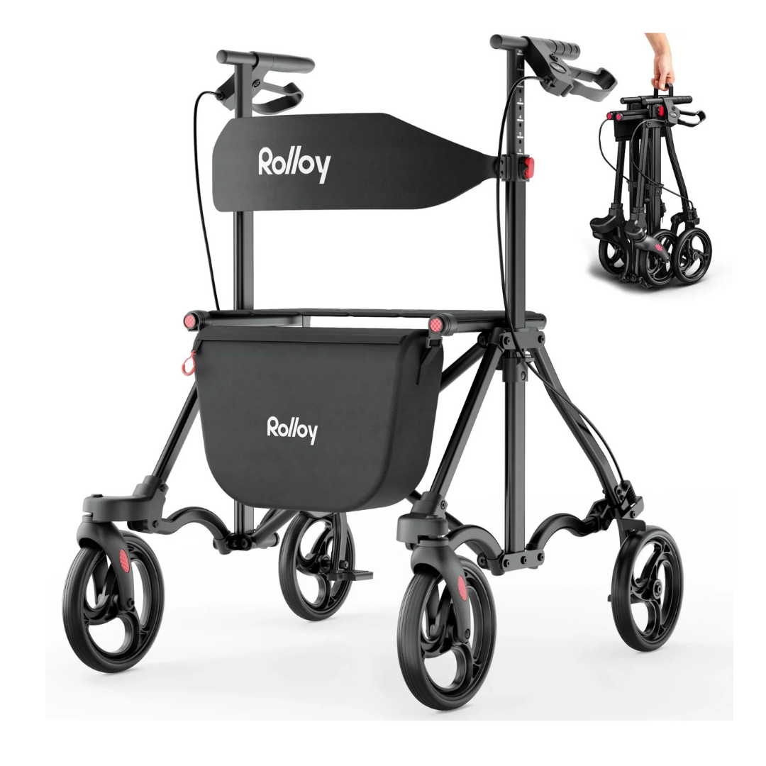 The Rolloy Ultra Compact Master Rollator Walker in black features a seat, storage bag, and four wheels. An inset displays the foldable walker stored compactly, with a hand gripping the handle.