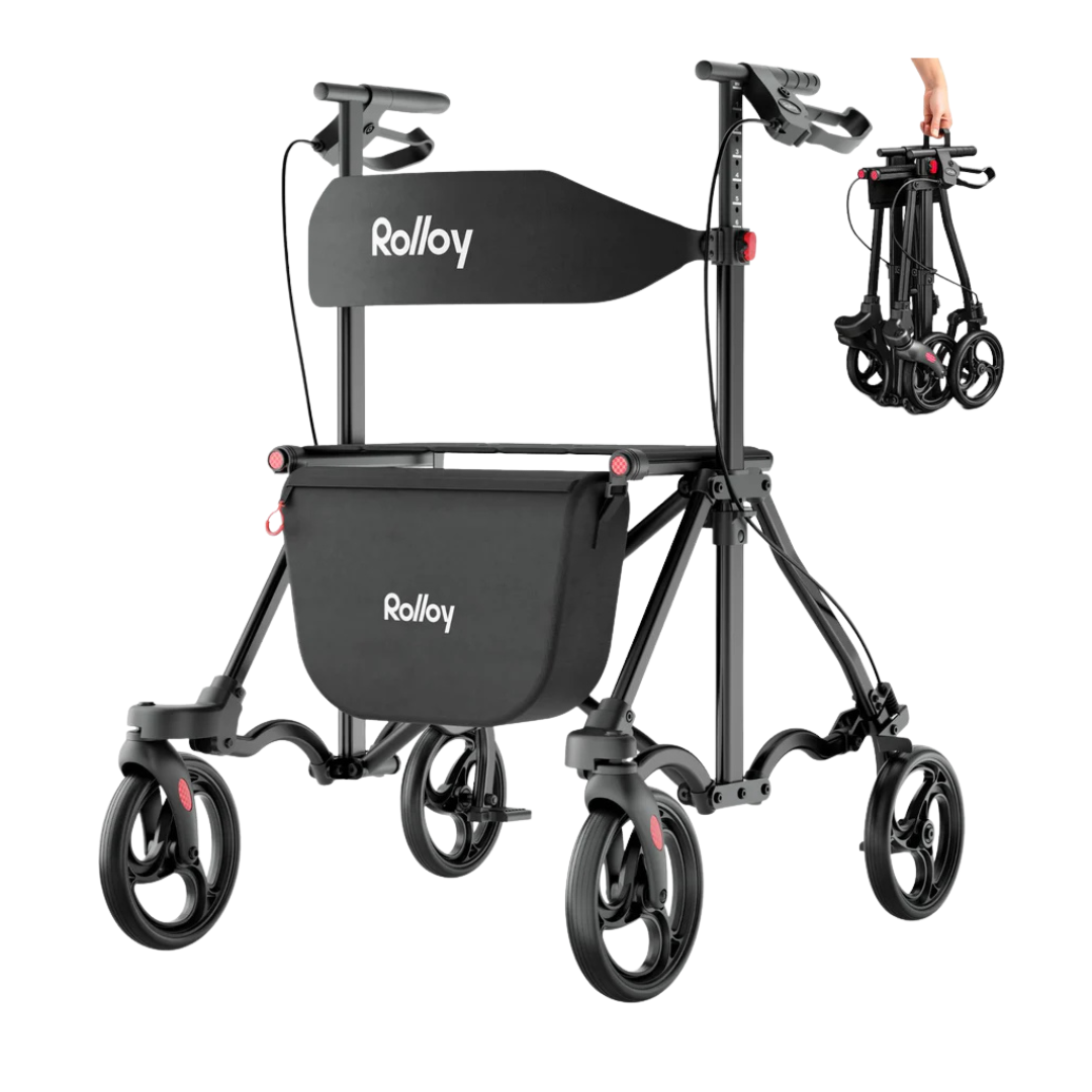A black Rolloy Ultra Compact Master Rollator Walker with four wheels, seat, storage bag, and handlebars is shown; an inset displays the lightweight walker folded compactly for one-handed, convenient transport.