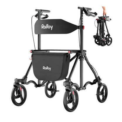 A black Rolloy Ultra Compact Master Rollator Walker with four wheels, seat, storage bag, and handlebars is shown; an inset displays the lightweight walker folded compactly for one-handed, convenient transport.