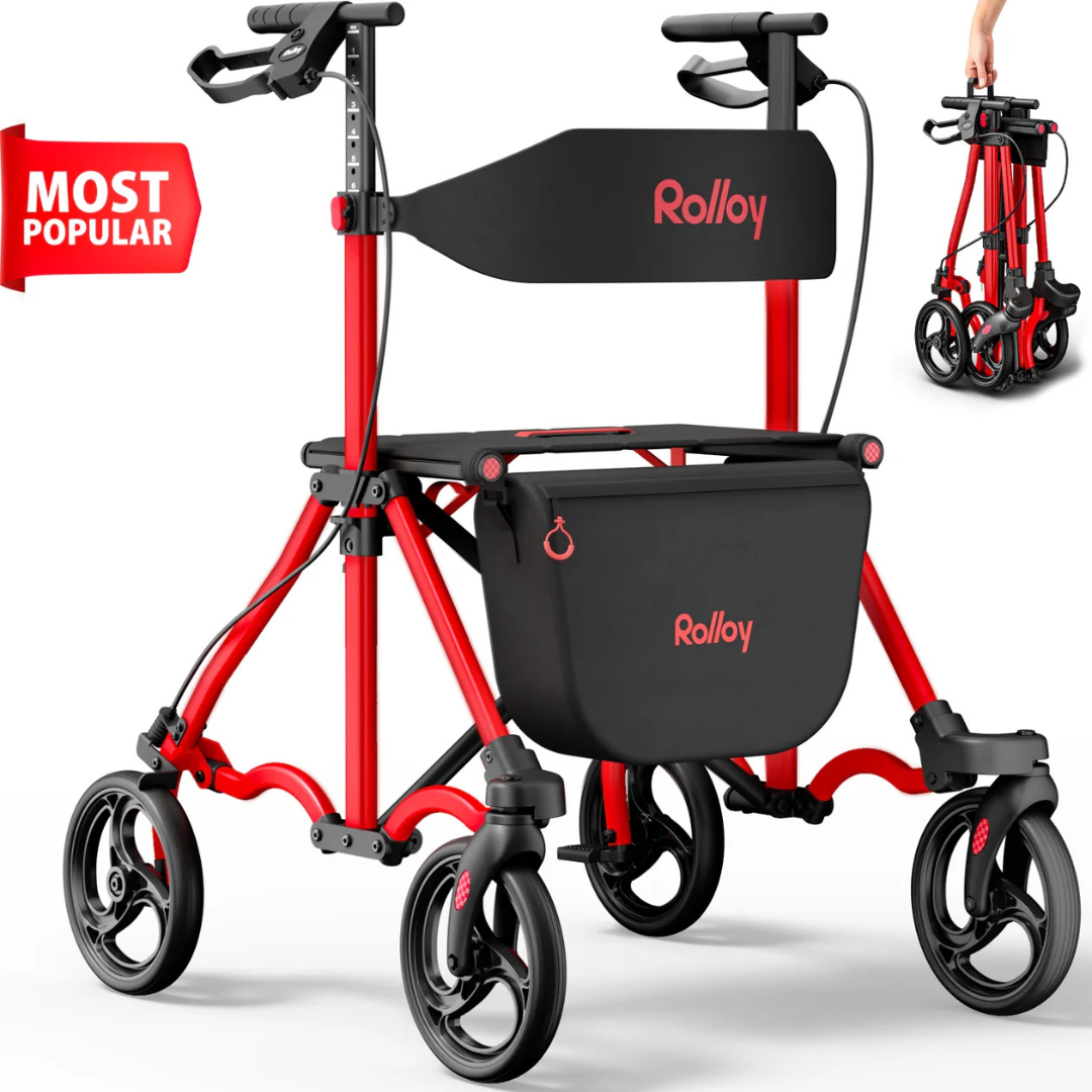 The Rolloy Ultra Compact Master Rollator Walker in red and black features four 8-inch non-slip wheels, a storage bag, and a foldable design. A hand shows its compact storage, with a "Most Popular" label on the left.