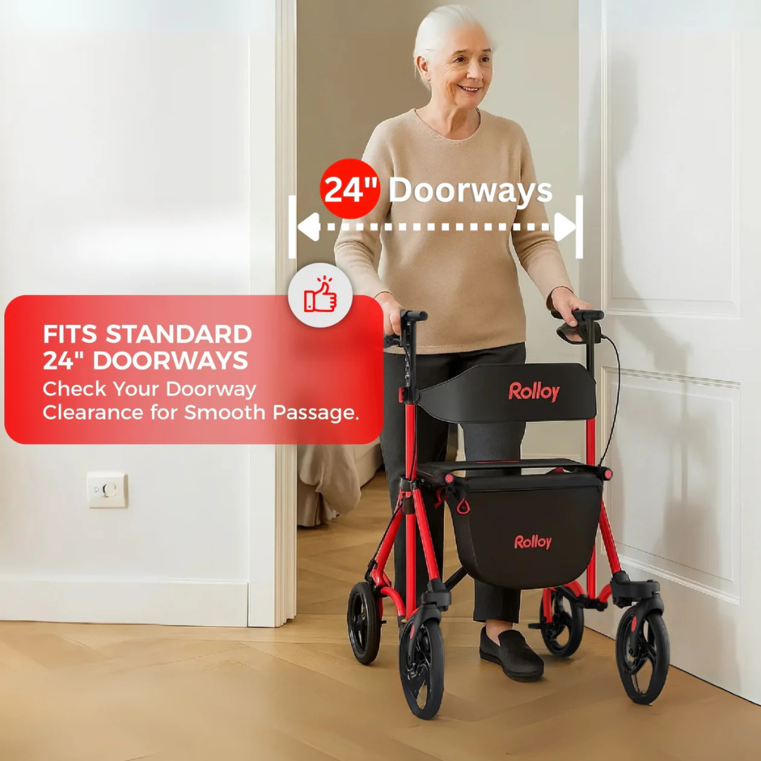 An older woman smiles as she pushes a Rolloy Ultra Compact Master Rollator Walker with 8-inch non-slip wheels through a doorway. Text notes it fits standard 24-inch doorways and suggests checking clearance for smooth passage.