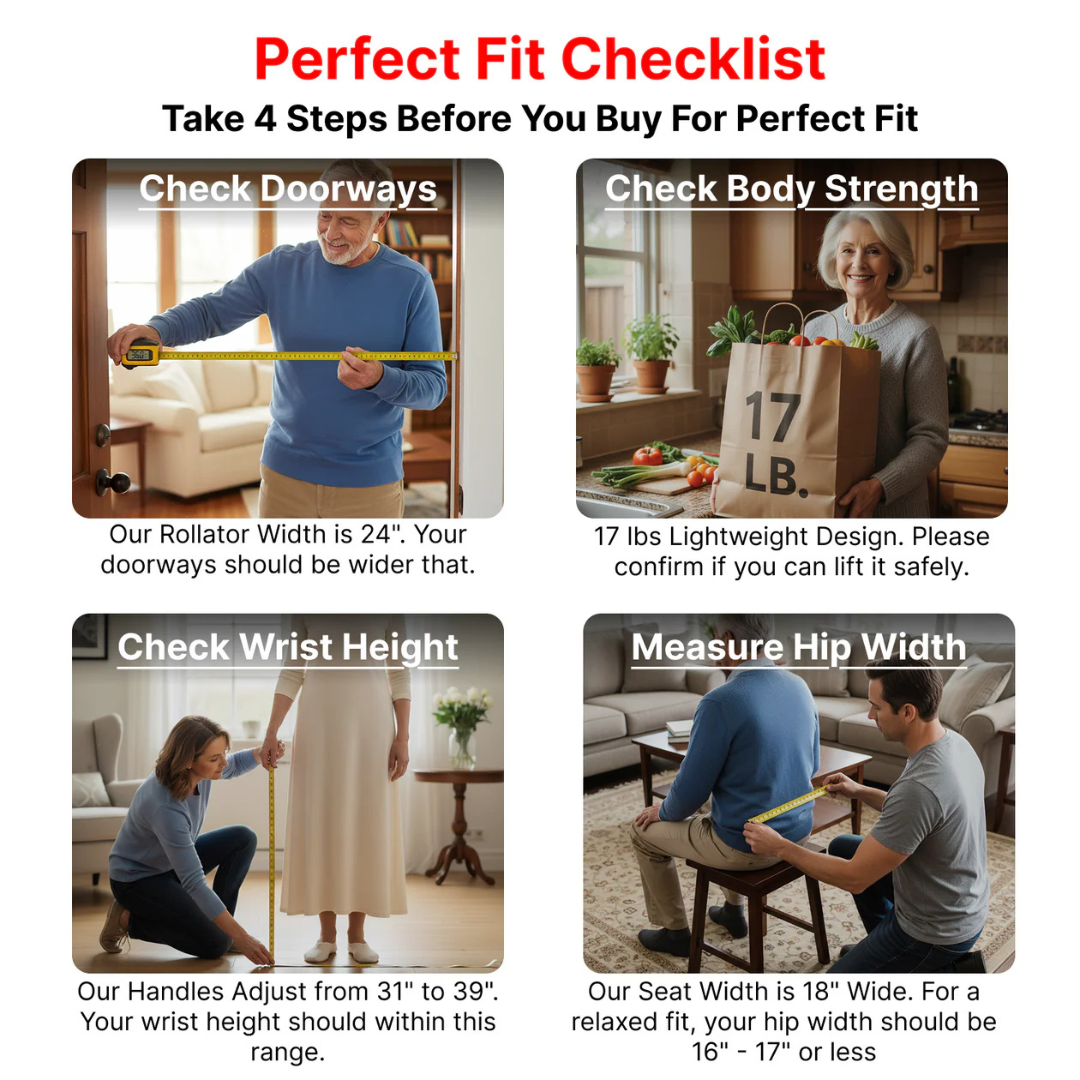 Four images show steps to ensure the Rolloy Ultra Compact Master Rollator Walker fits: measuring doorways, lifting a 17-lb box, checking wrist height, and measuring hip width while seated, with visuals demonstrating each step.