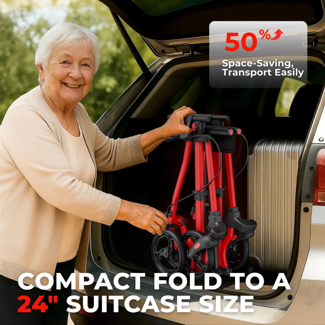 A smiling older woman places the Rolloy Ultra Compact Master Rollator Walker, folded to suitcase size with 8-inch non-slip wheels, into a car trunk beside a suitcase. Text highlights: “50% space-saving, transport easily” and “Compact fold to 24" suitcase size.”.