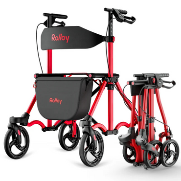 A Rolloy Ultra Compact Master Rollator Walker in red and black, featuring 8-inch non-slip wheels, a storage bag, and a foldable design; one walker is open while the other is folded for convenient storage.