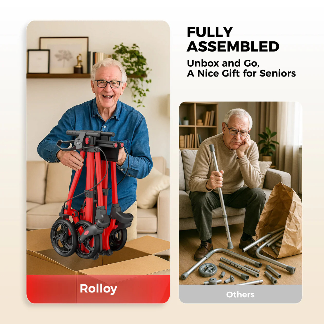 A smiling senior holds a fully assembled Rolloy Ultra Compact Master Rollator Walker with 8” non-slip wheels beside an open box, while another looks frustrated by unassembled parts. Text: Fully Assembled. Unbox and Go—a nice gift for seniors.