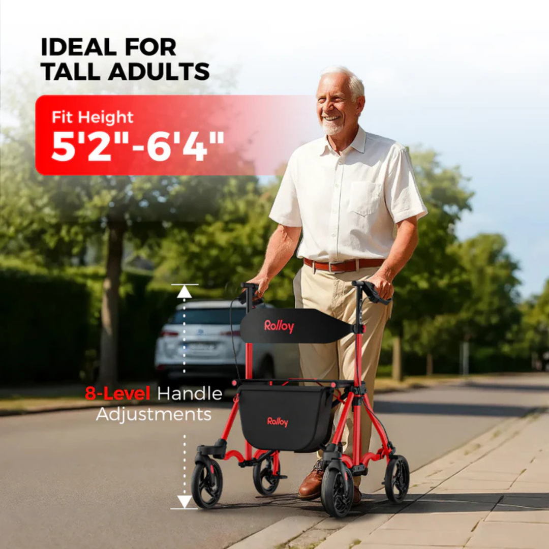An older man smiles while walking outdoors with a red Rolloy Ultra Compact Master Rollator Walker featuring 8" non-slip wheels. The text highlights it’s ideal for tall adults, fits heights 5'2"–6'4", and offers 8-level handle adjustments.