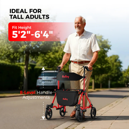 An older man smiles while walking outdoors with a red Rolloy Ultra Compact Master Rollator Walker featuring 8" non-slip wheels. The text highlights it’s ideal for tall adults, fits heights 5'2"–6'4", and offers 8-level handle adjustments.