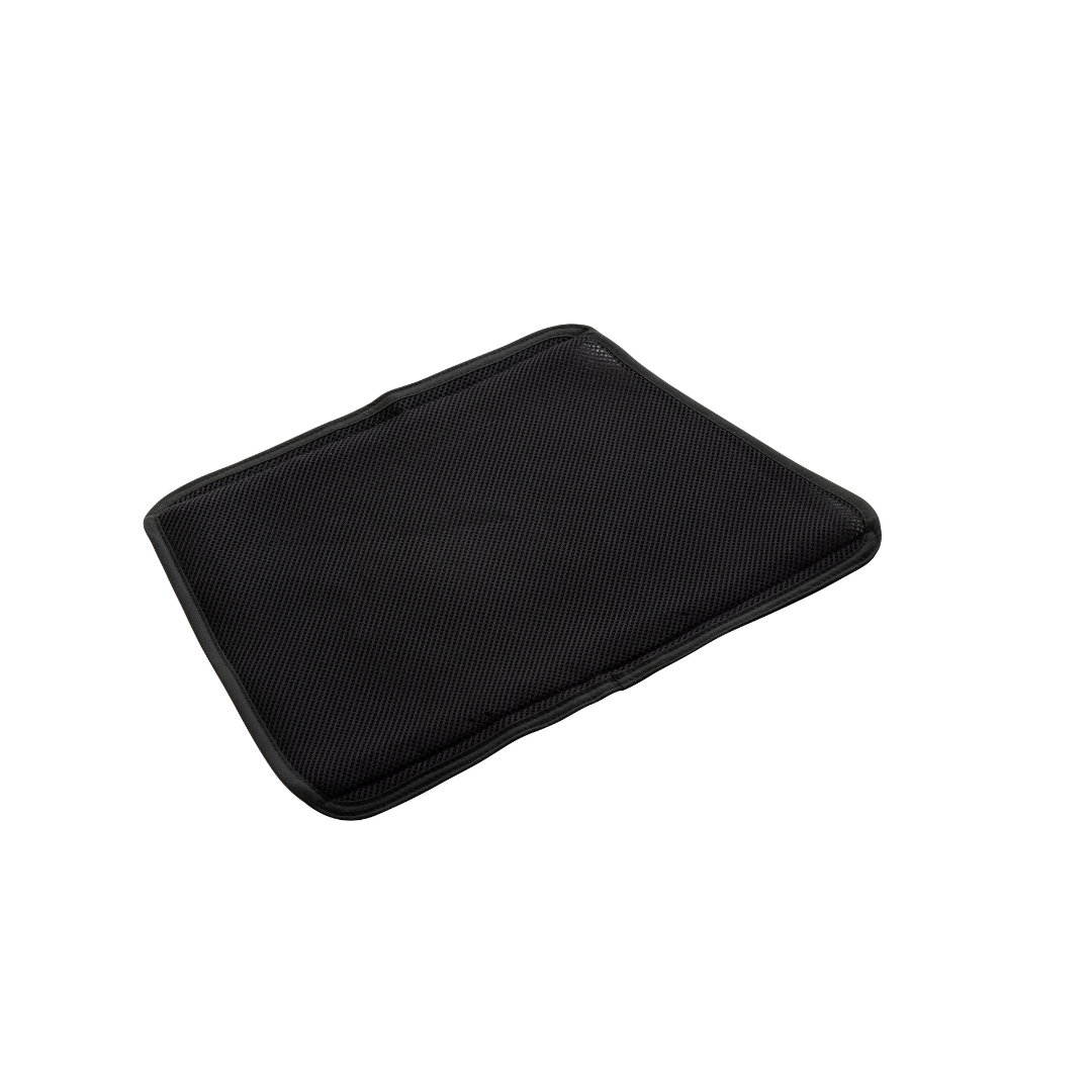 A black, rectangular padded Seat Cover For Rollz Air Rollator, possibly offering ergonomic support similar to a rollator padded backrest, is pictured against a white background.