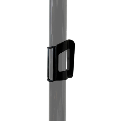 A close-up of the Cane Holder For The Rollz Air Rollator, a black plastic mobility accessory attached to a gray vertical pole. Perfect for securely holding your cane on the Rollz Air rollator against a white background.