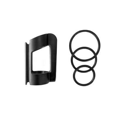 On a white background, the Cane Holder for the Rollz Air Rollator is shown on the left as a black metal belt clip, with three different-sized black rubber O-rings displayed vertically on the right.