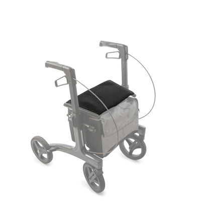 The Seat Cover for Rollz Air Rollator is shown on a white background, featuring a black seat cushion, ergonomic support, padded backrest, and a gray storage bag attached under the seat.
