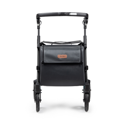 The black Rollz FLEX 2 Lightweight Rollator Walker features a handle, four wheels, and folds upright. Its sleek design includes a brown label on the front, offering stylish portability with an XL storage bag and seat.