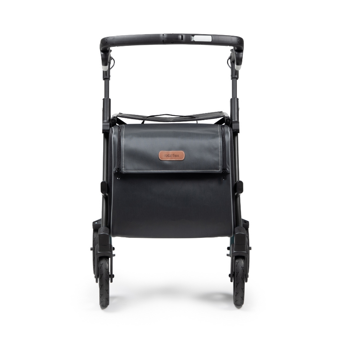 The black Rollz FLEX 2 Lightweight Rollator Walker features a handle, four wheels, and folds upright. Its sleek design includes a brown label on the front, offering stylish portability with an XL storage bag and seat.